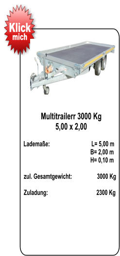 Multitrailerr 3000 Kg  5,00 x 2,00   Lademaße:                              L= 5,00 m                                                  B= 2,00 m                                                   H= 0,10 m   zul. Gesamtgewicht:                  3000 Kg    Zuladung:                                   2300 Kg Klick mich